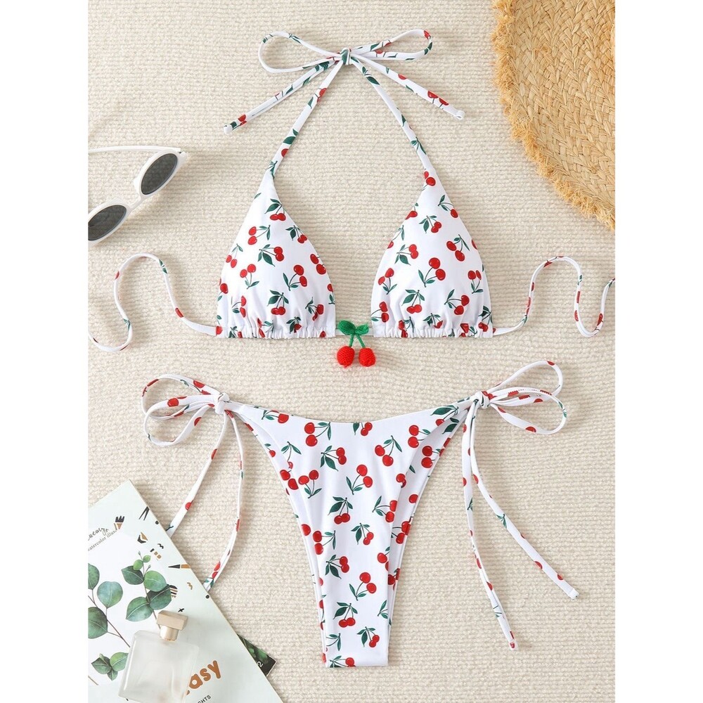 Tagkita Cherry Print 3-Piece Triangle Bikini Swim Set with Mesh Sarong Skirt New